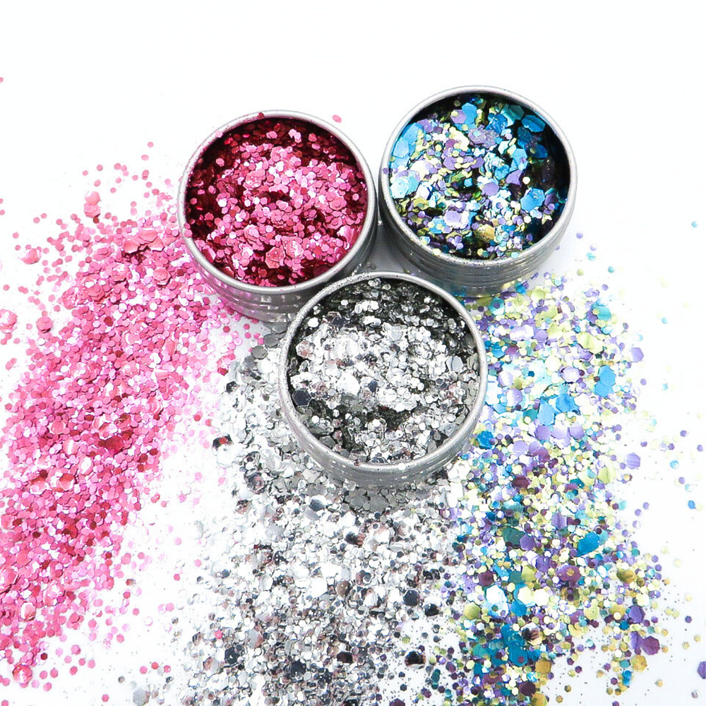 Peacock party biodegradable cosmetic glitter set. Glitter for your face and body