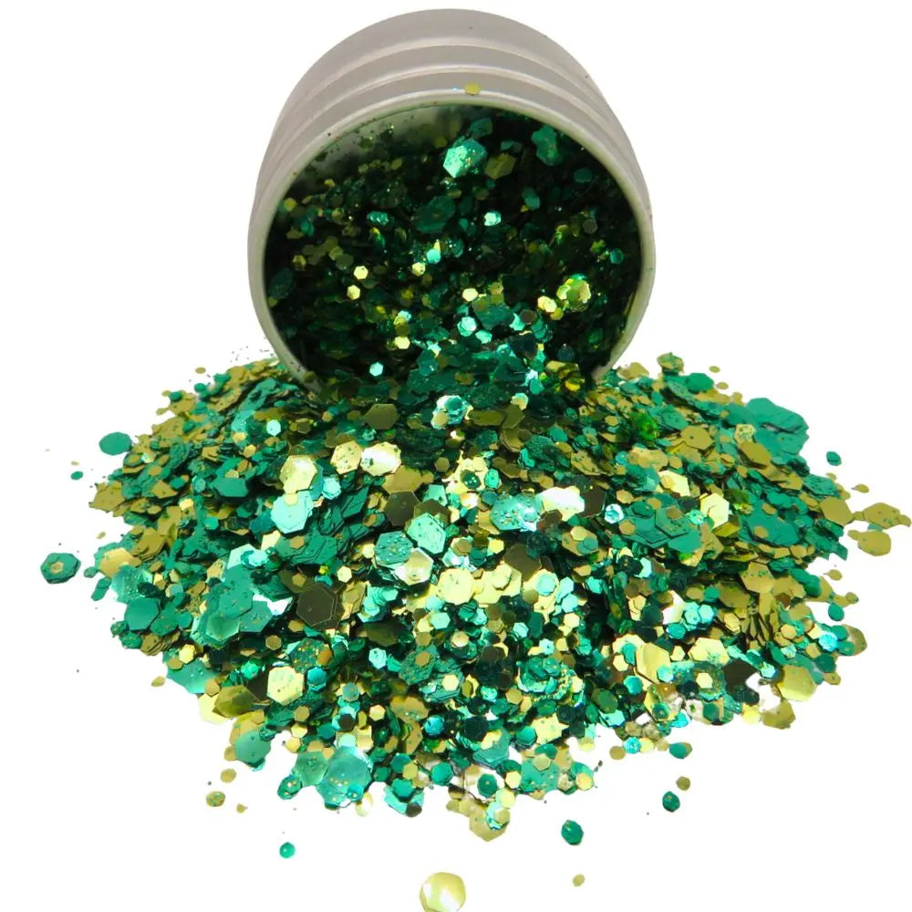 Pina biodegradable glitter blend of green and gold eco friendly plant based glitter suitable for use on your face, body, hair and nails.