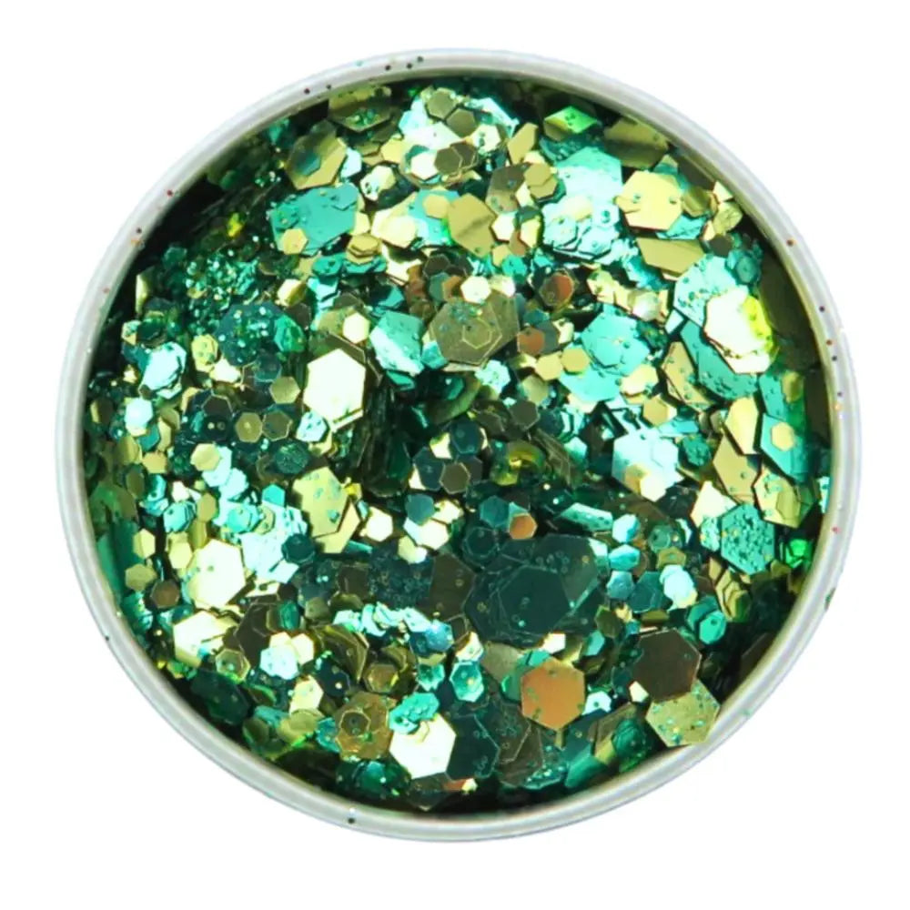 Close up of Pina eco glitter blend of green and gold biodegradable glitter in an aluminium pot