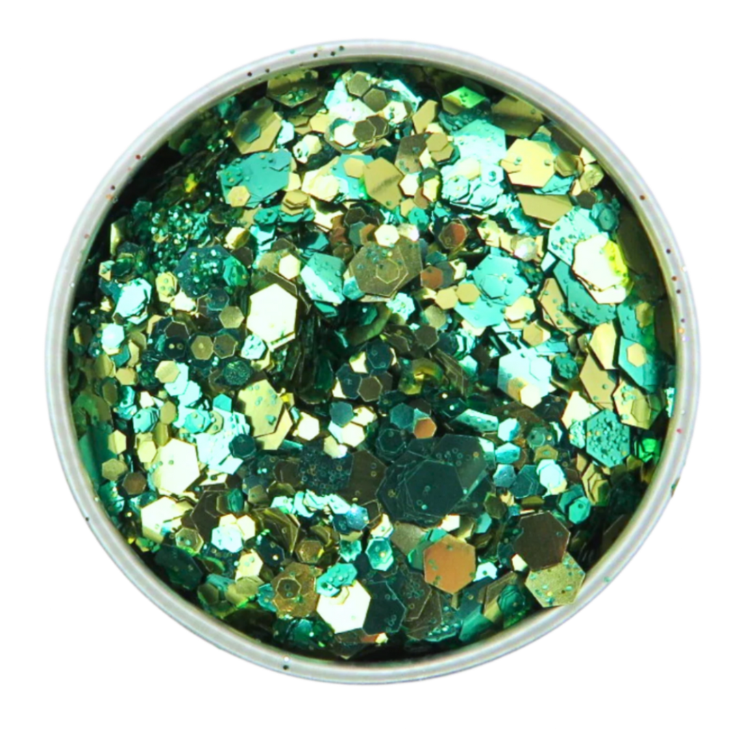 Close up of Pina eco glitter blend of green and gold biodegradable glitter in an aluminium pot