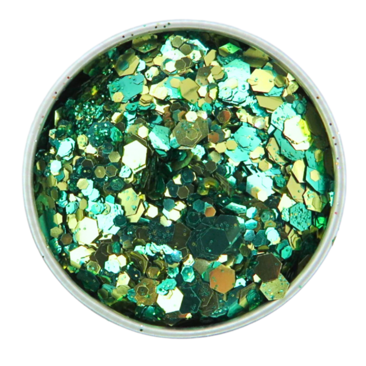 Close up of Pina eco glitter blend of green and gold biodegradable glitter in an aluminium pot