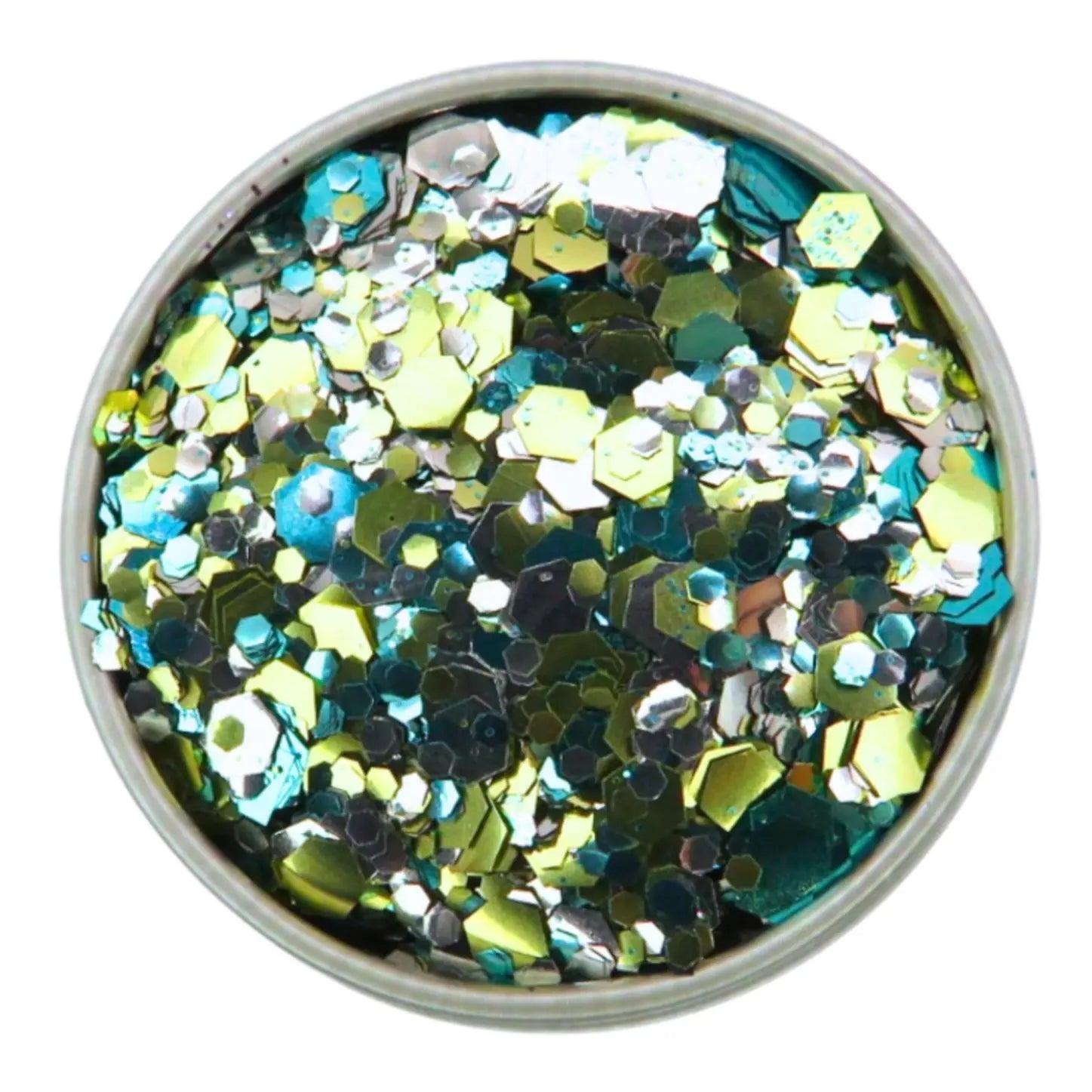 Pineapple kisses blend of gold, turquoise and silver biodegradable loose glitter in a round aluminium pot.