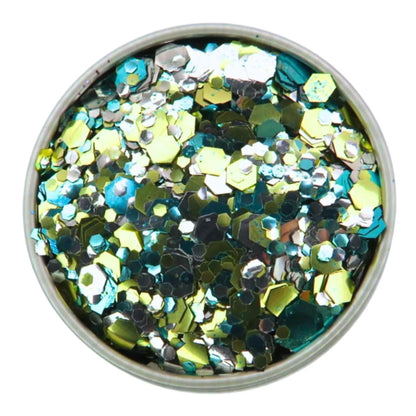 Pineapple kisses blend of gold, turquoise and silver biodegradable loose glitter in a round aluminium pot.