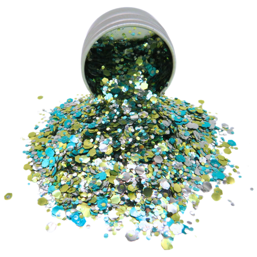 Pineapple kisses loose glitter blend mixed with gold, silver and turquoise eco friendly glitter in fine, chunky and super chunky sizes.