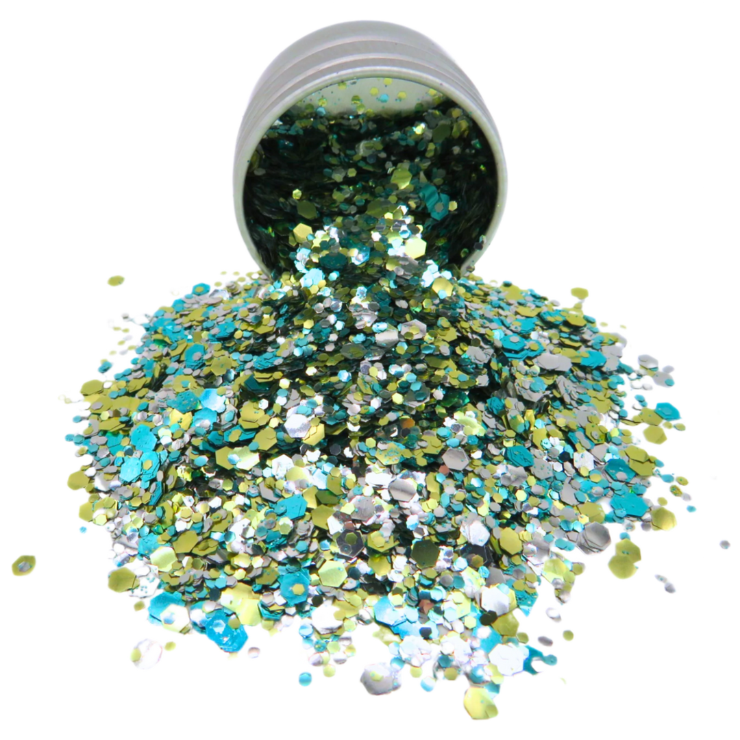 Pineapple kisses loose glitter blend mixed with gold, silver and turquoise eco friendly glitter in fine, chunky and super chunky sizes.