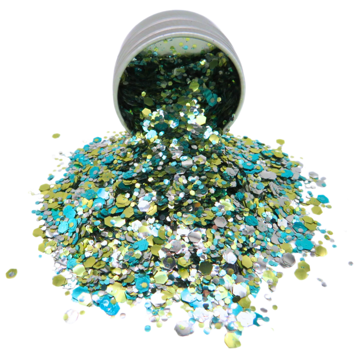 Pineapple kisses loose glitter blend mixed with gold, silver and turquoise eco friendly glitter in fine, chunky and super chunky sizes.