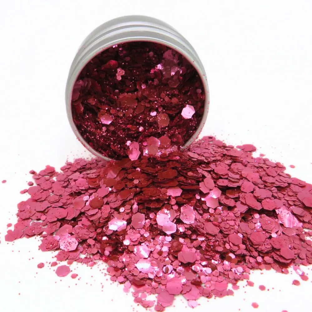 A 6 gram pot filled with pink eco friendly glitter