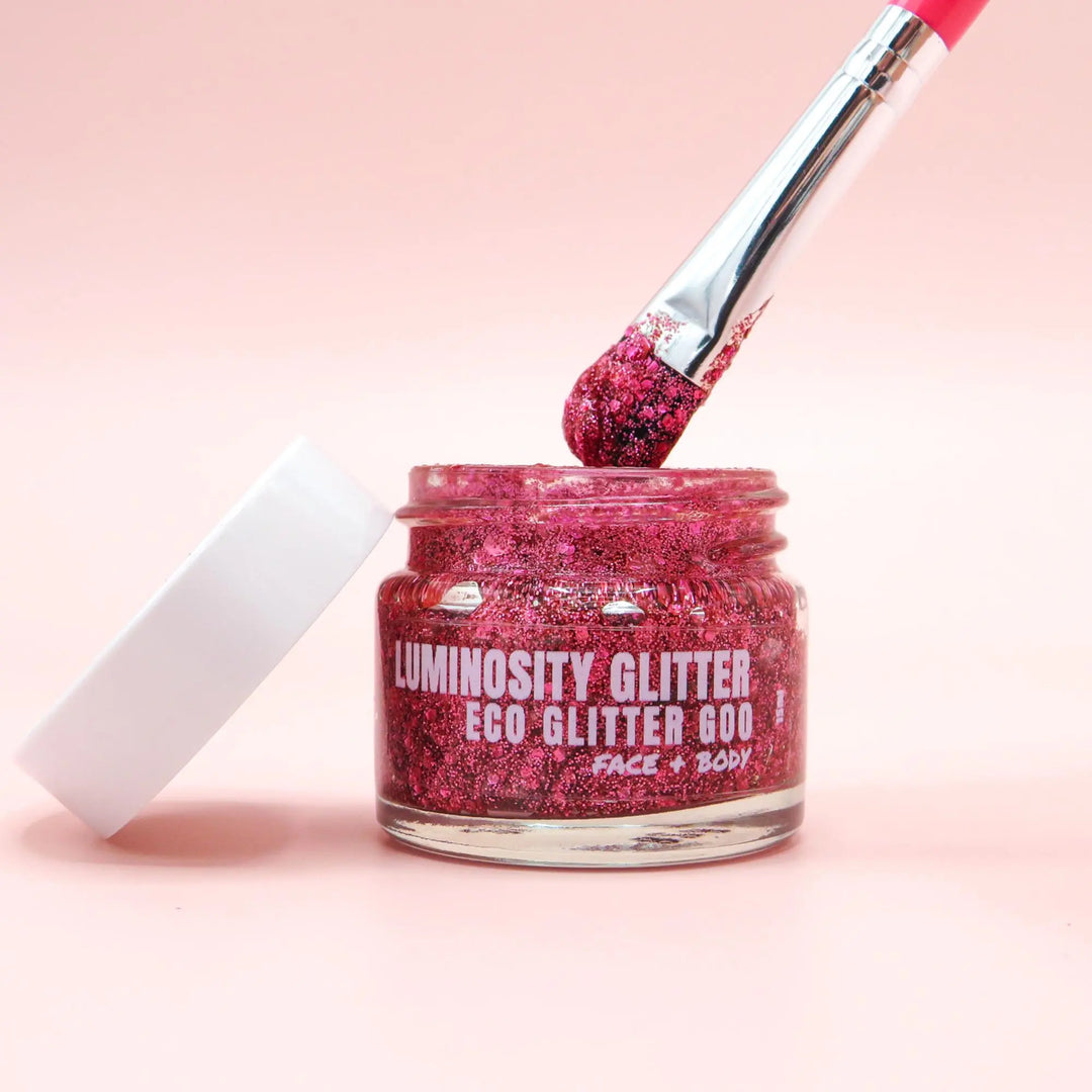 Pink cosmetic bioglitter gel by Luminosity Glitter. Pink eco glitter gel made with biodegradable glitter and aloe vera gel to leave your skin smooth and sparkly.