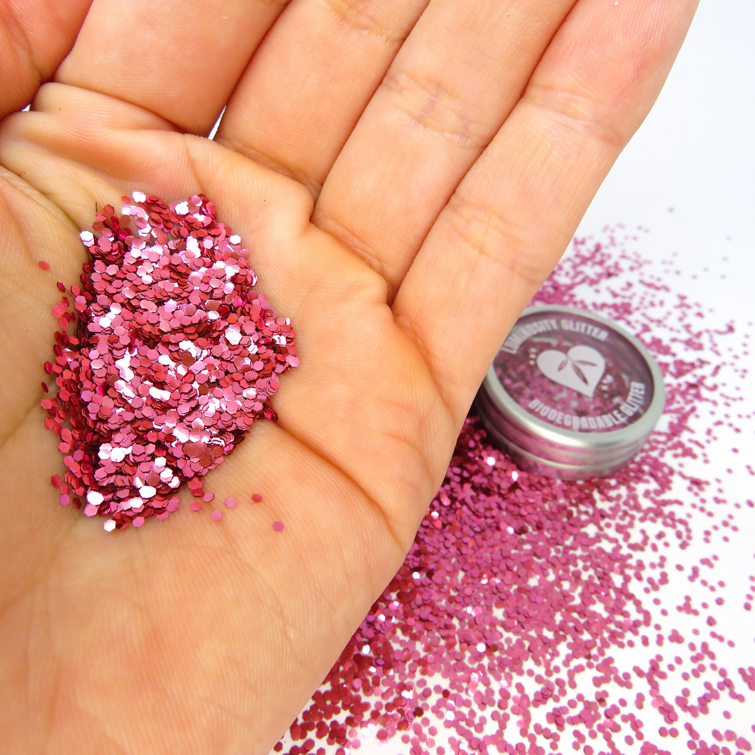 Pink chunky biodegradable glitter. Cosmetic grade glitter.