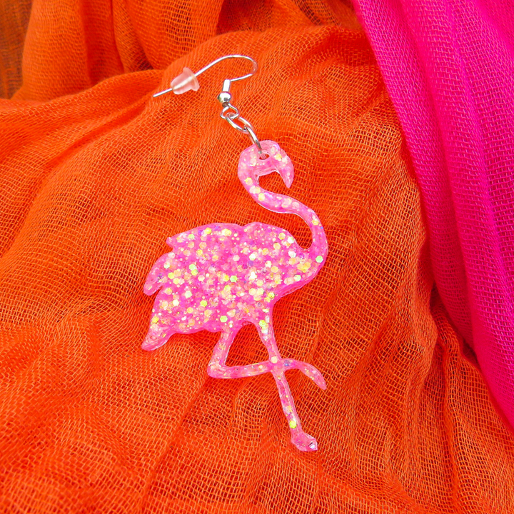 Flamingo Glitter Earrings - Light Pink
