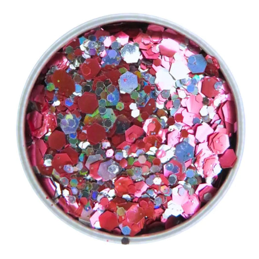 Pink flamingo eco friendly glitter makeup is a mixture of rose pink and holographic silver glitter shades in fine, chunky and super chunky sizing.