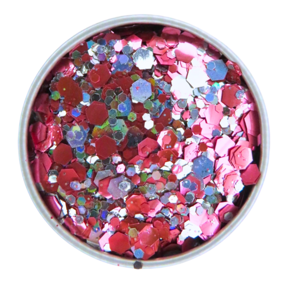 Pink flamingo eco friendly glitter makeup is a mixture of rose pink and holographic silver glitter shades in fine, chunky and super chunky sizing.