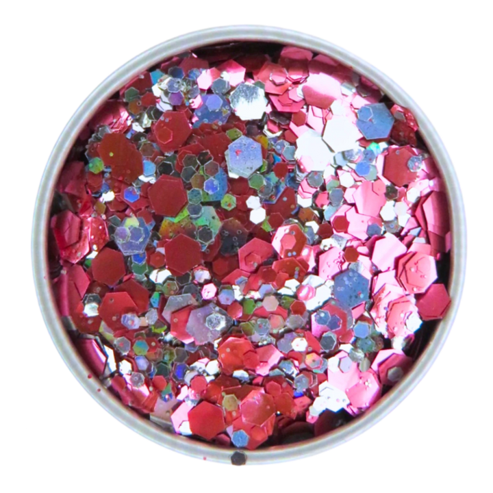 Pink flamingo eco friendly glitter makeup is a mixture of rose pink and holographic silver glitter shades in fine, chunky and super chunky sizing.