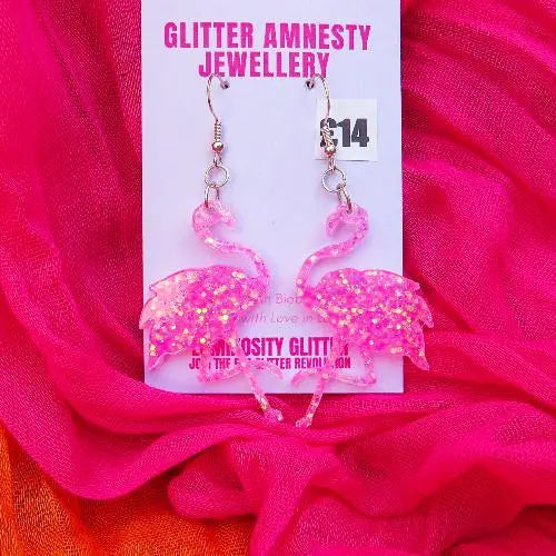 pink flamingo glitter earrings on silver hooks