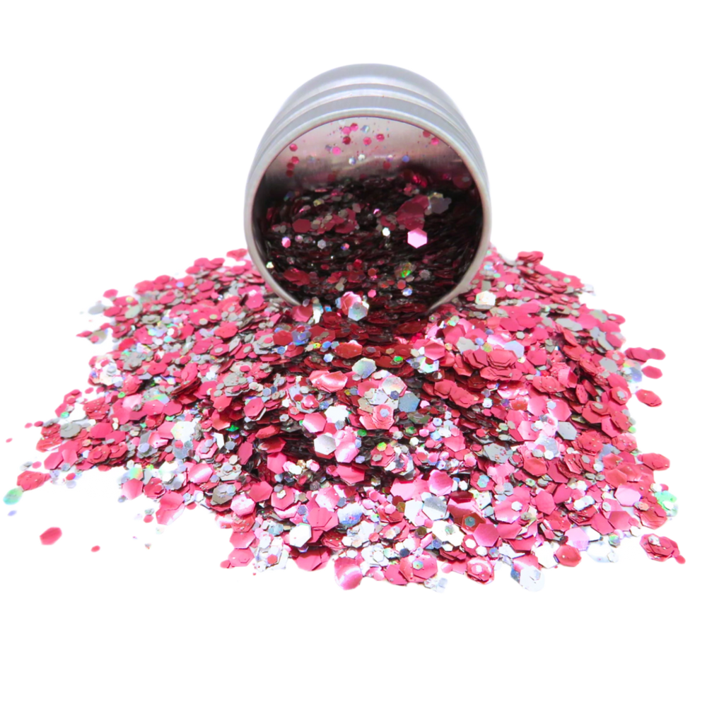 Pink flamingo mix of pink and holographic silver glitter in a round 6 gram aluminium pot.