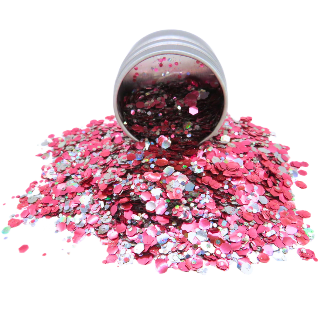 Pink flamingo mix of pink and holographic silver glitter in a round 6 gram aluminium pot.