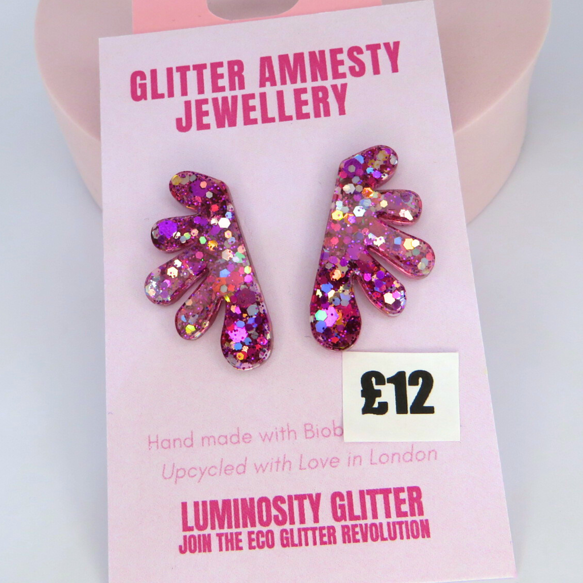 Stud Glitter Earrings - Pink Leaf