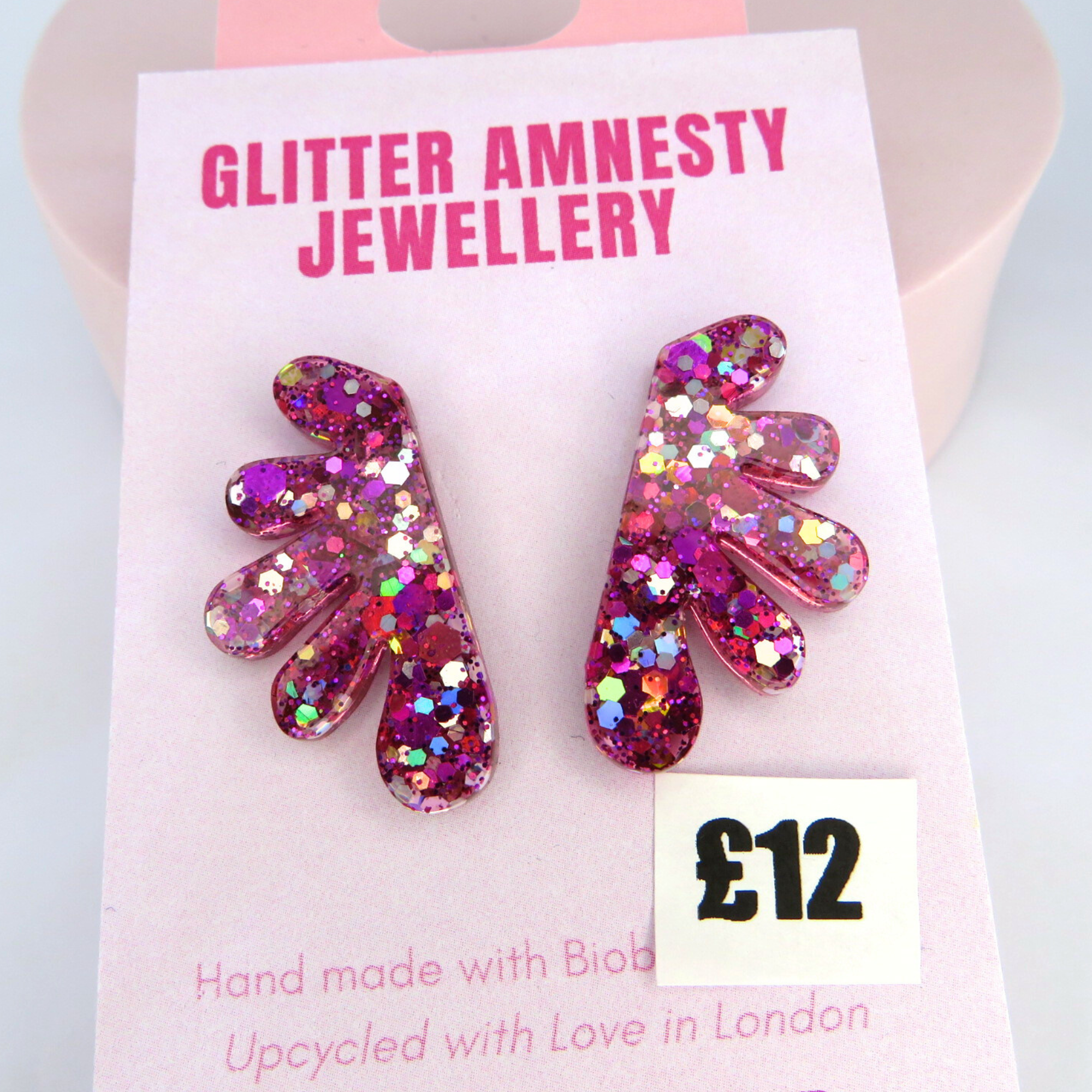 Stud Glitter Earrings - Pink Leaf