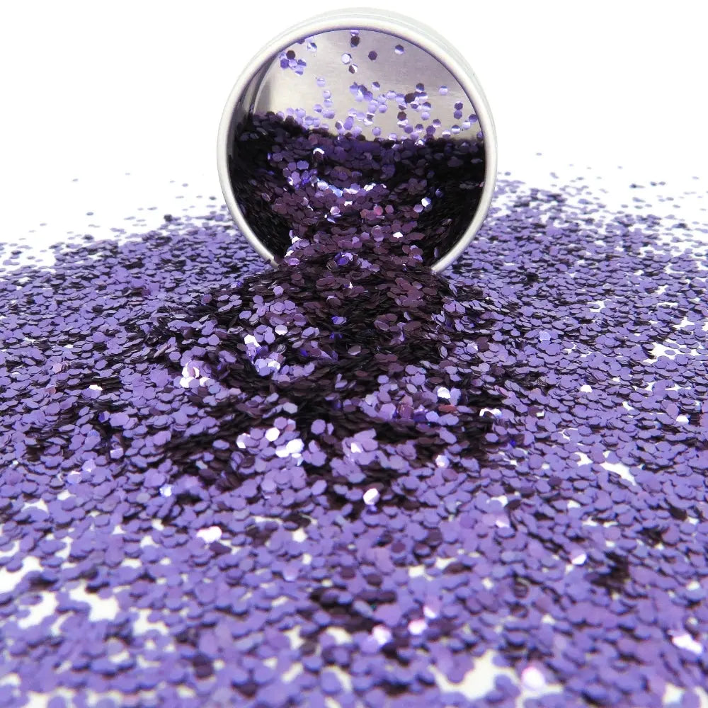 Purple chunky eco friendly glitter makeup in a 6 gram aluminium pot.