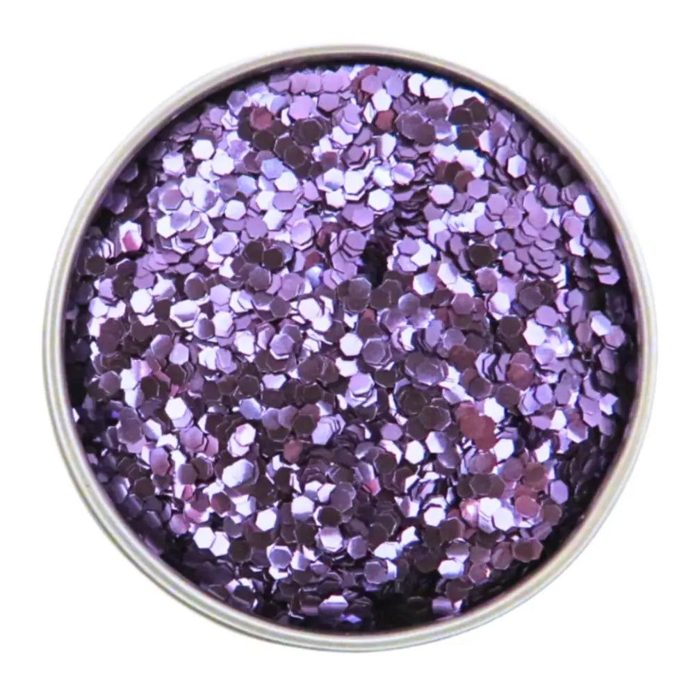 Purple chunky eco friendly biodegradable glitter in a round silver aluminium pot.