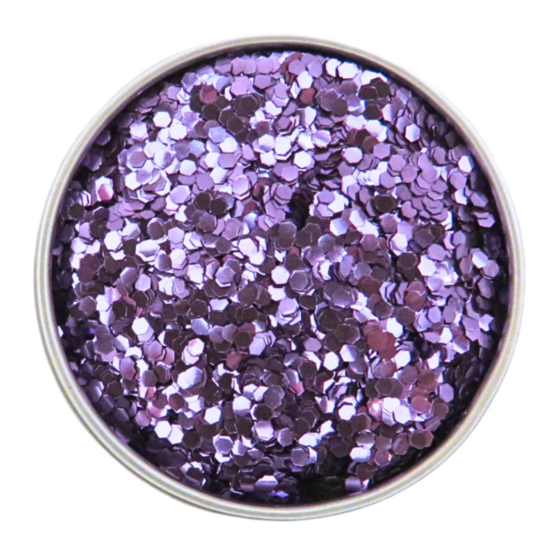 Purple chunky eco friendly biodegradable glitter in a round silver aluminium pot.