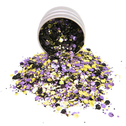 Purple starlight blend of purple, gold and black eco friendly glitter for use on your face, body, hair and nails.