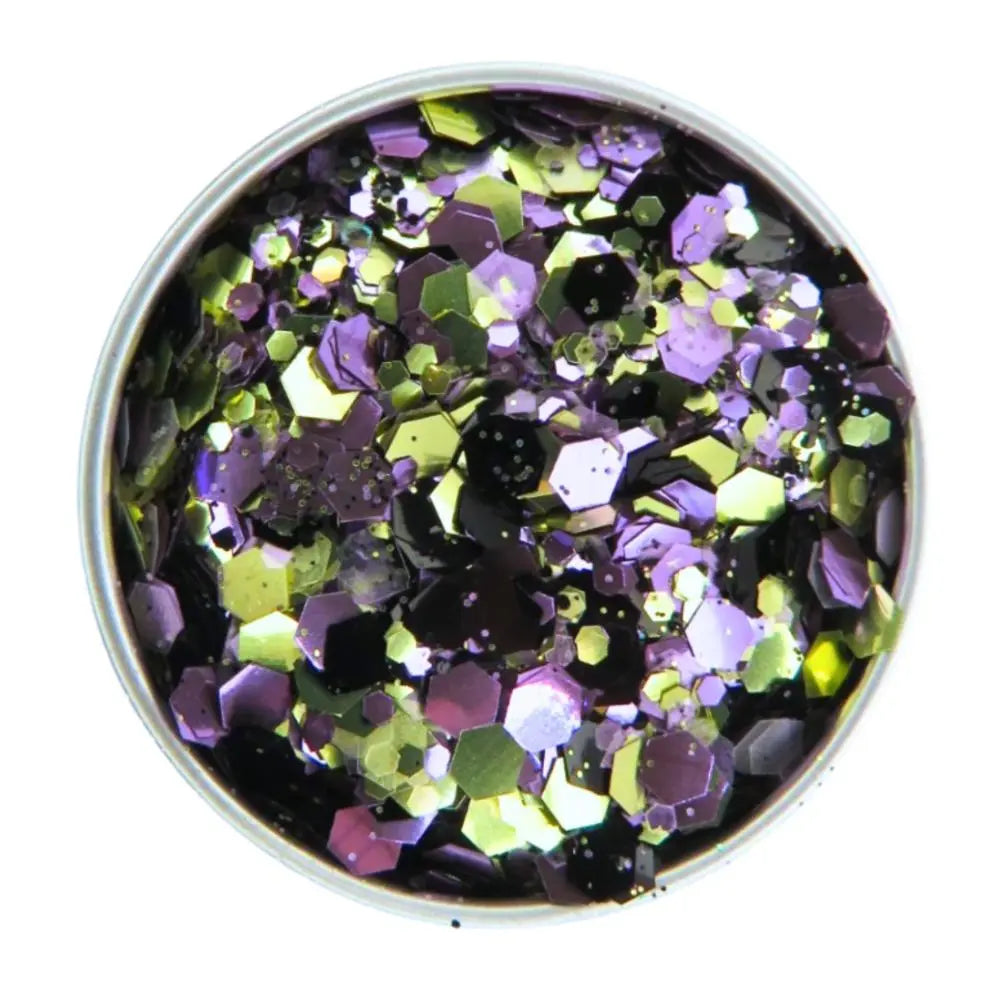 Close up of purple starlight eco glitter blend. A mix of black, purple, gold and pink opalescent eco friendly glitter.