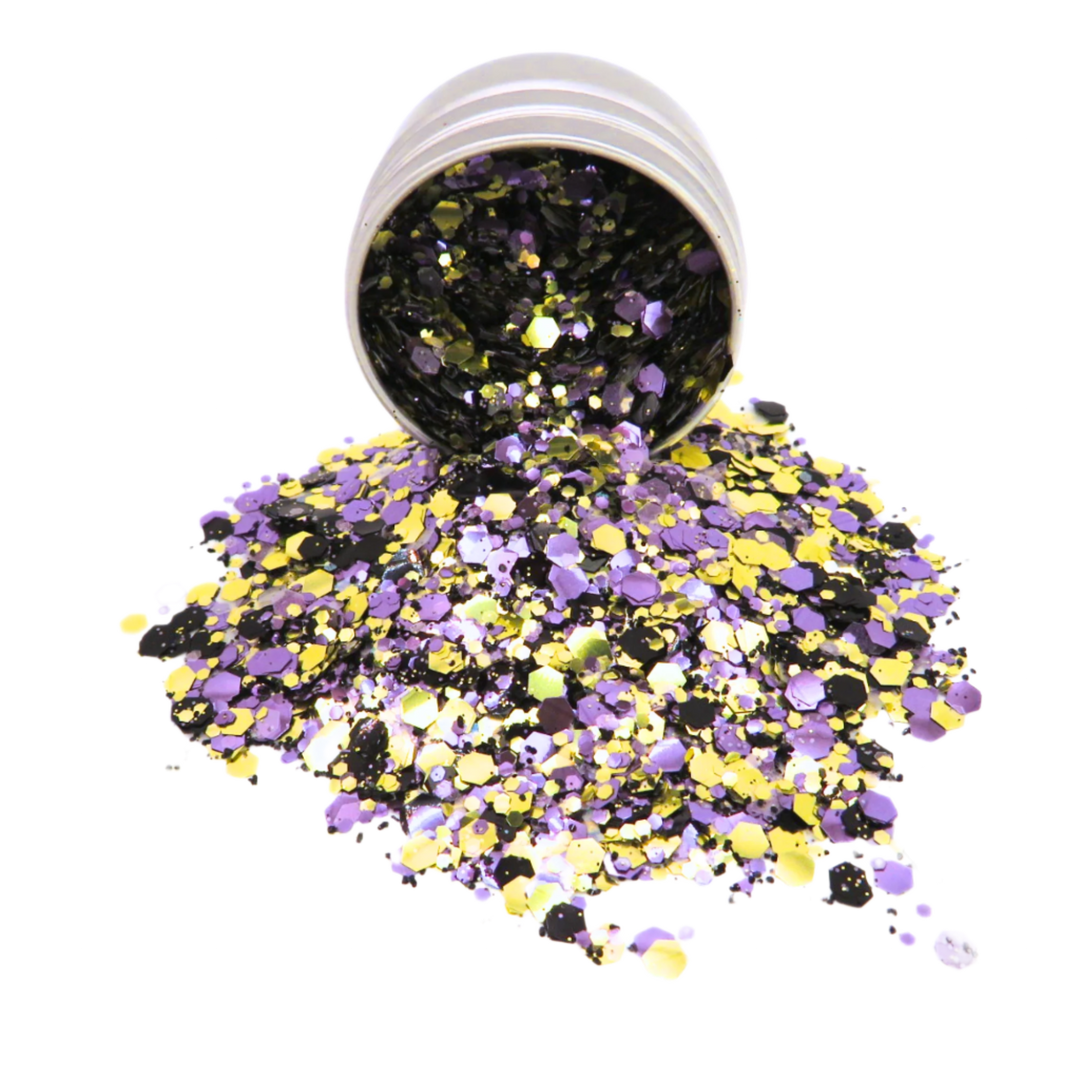 Purple starlight biodegradable glitter blend in a 6 gram round aluminium tin.