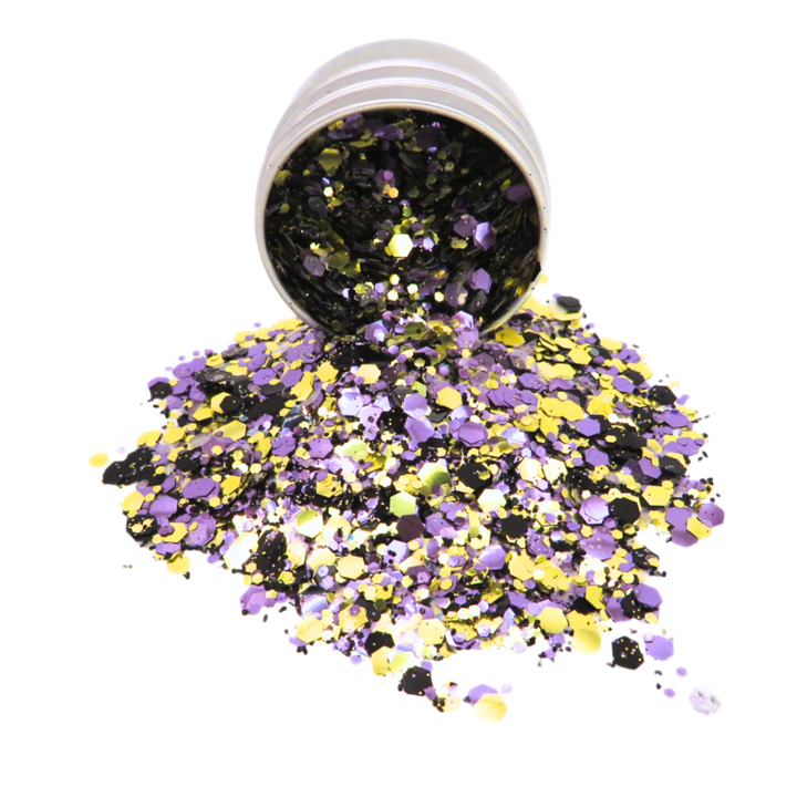 Purple starlight biodegradable glitter blend in a 6 gram round aluminium tin.