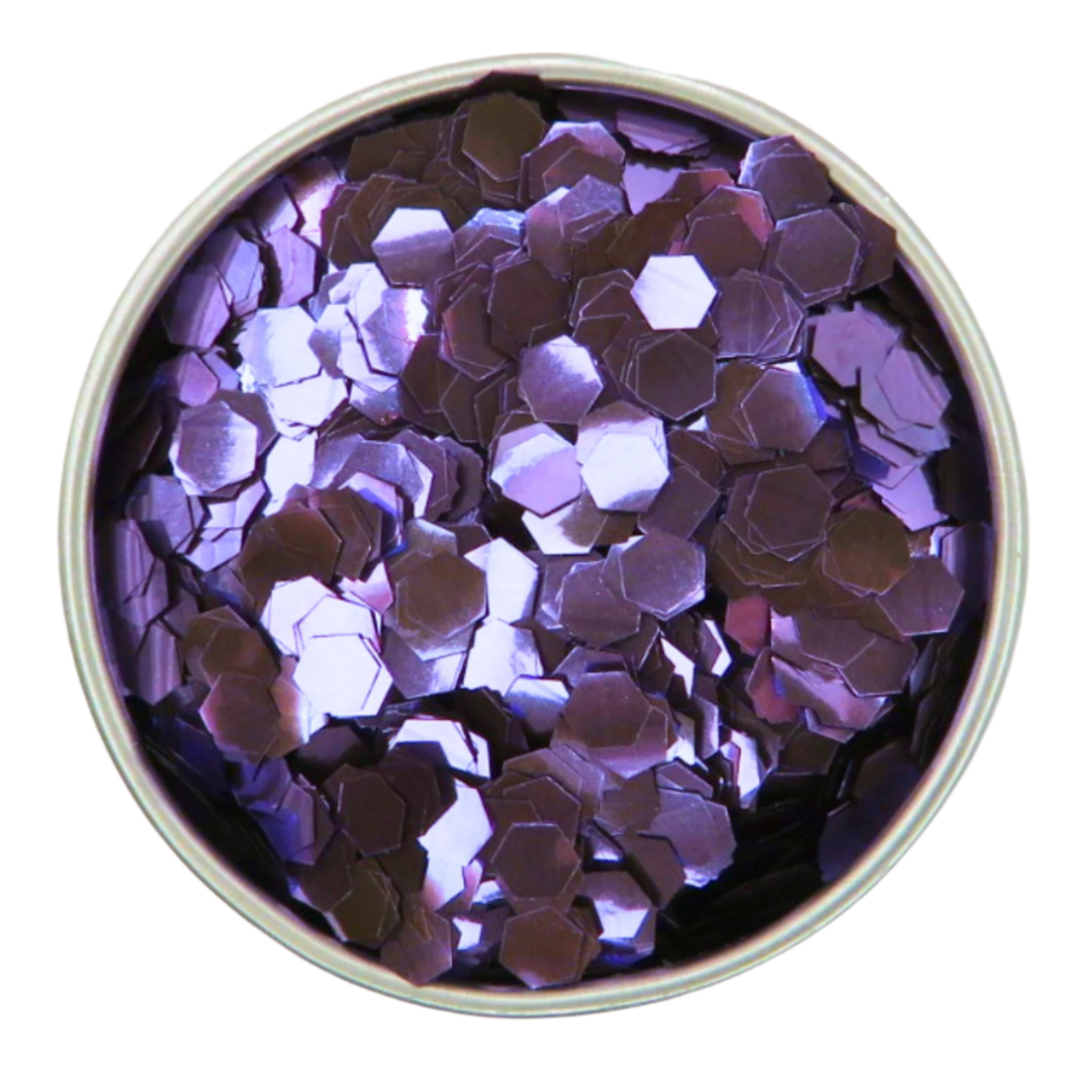 Purple super chunky eco friendly cosmetic grade glitter in a round tin.