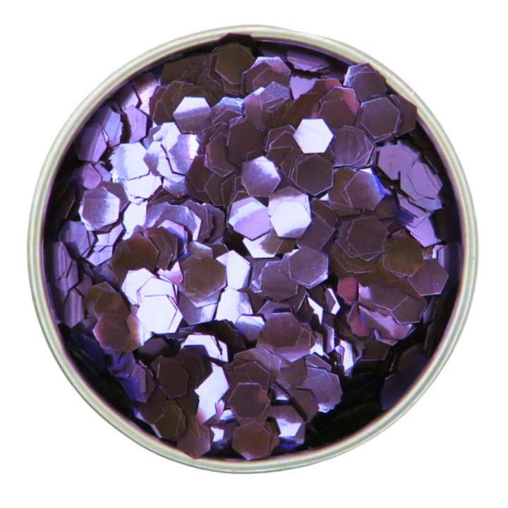 Purple super chunky eco friendly cosmetic grade glitter in a round tin.