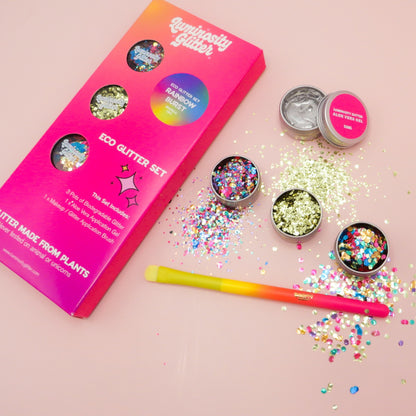 Rainbow pride eco friendly glitter set of rainbow smash, confetti and gold rush blends. Glitter made from plants.