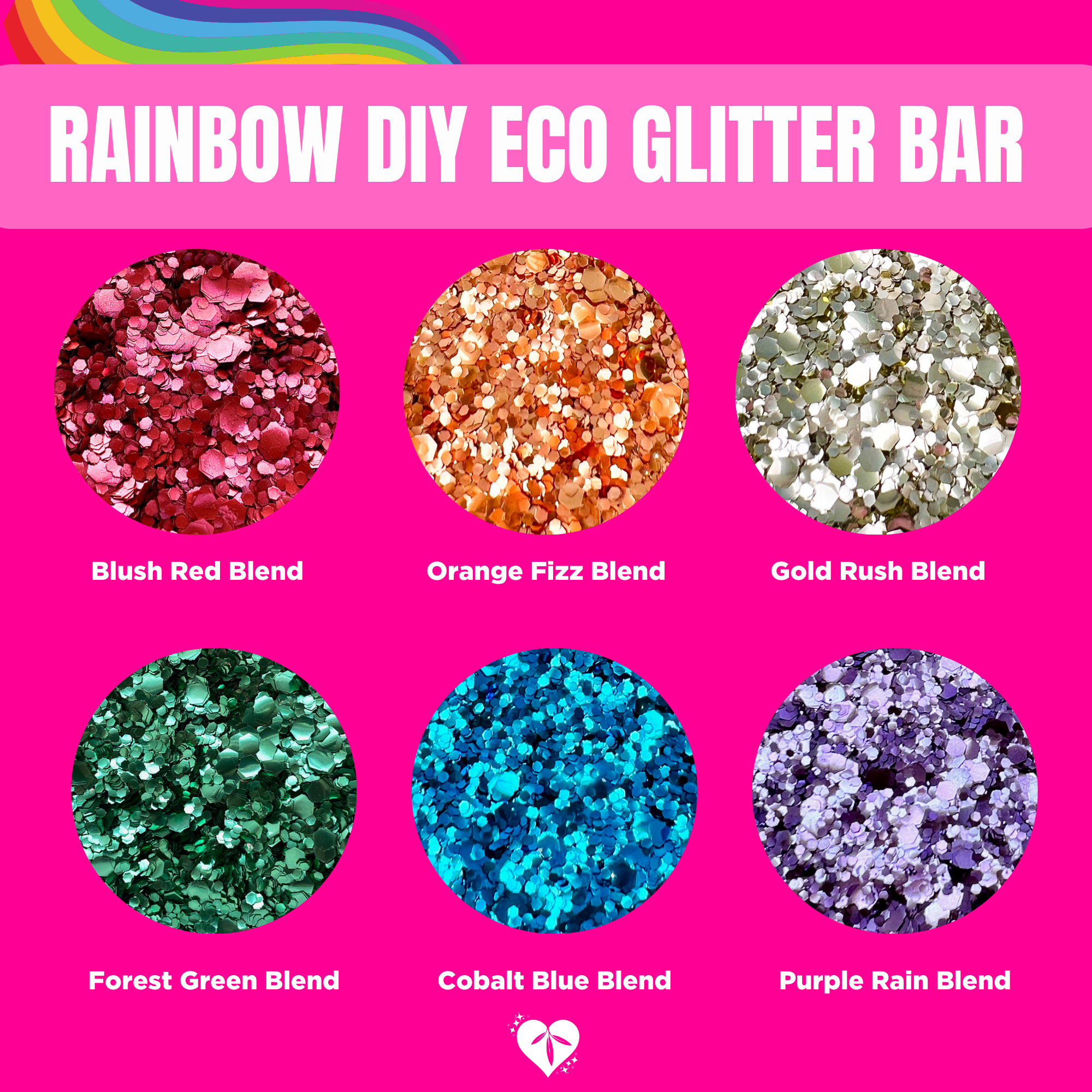 Rainbow DIY eco glitter bar kit including red, orange, gold, green, blue and purple blends.