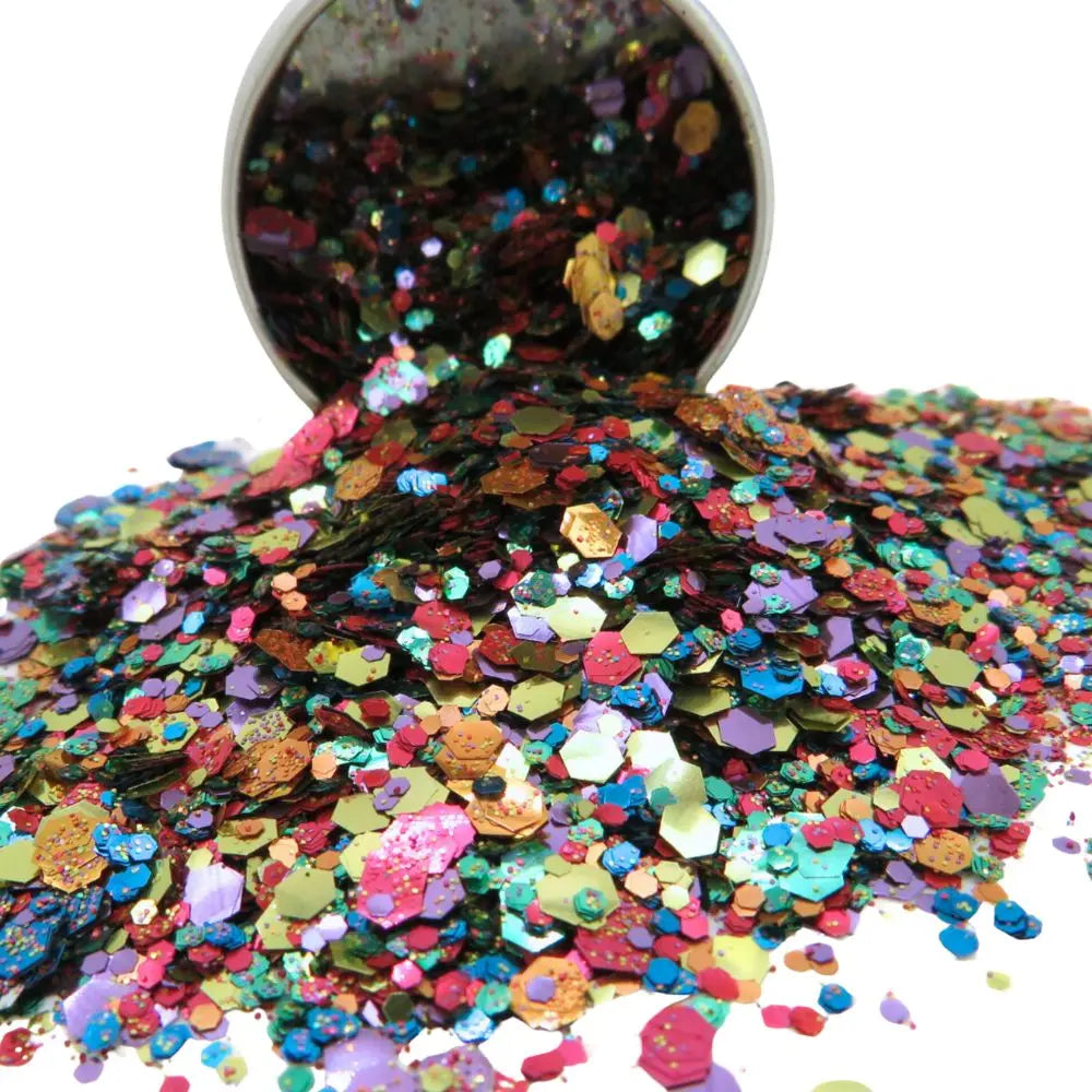 Close-up of Rainbow Smash biodegradable glitter in a dazzling mix of rainbow colors, designed for sustainable beauty and decoration.