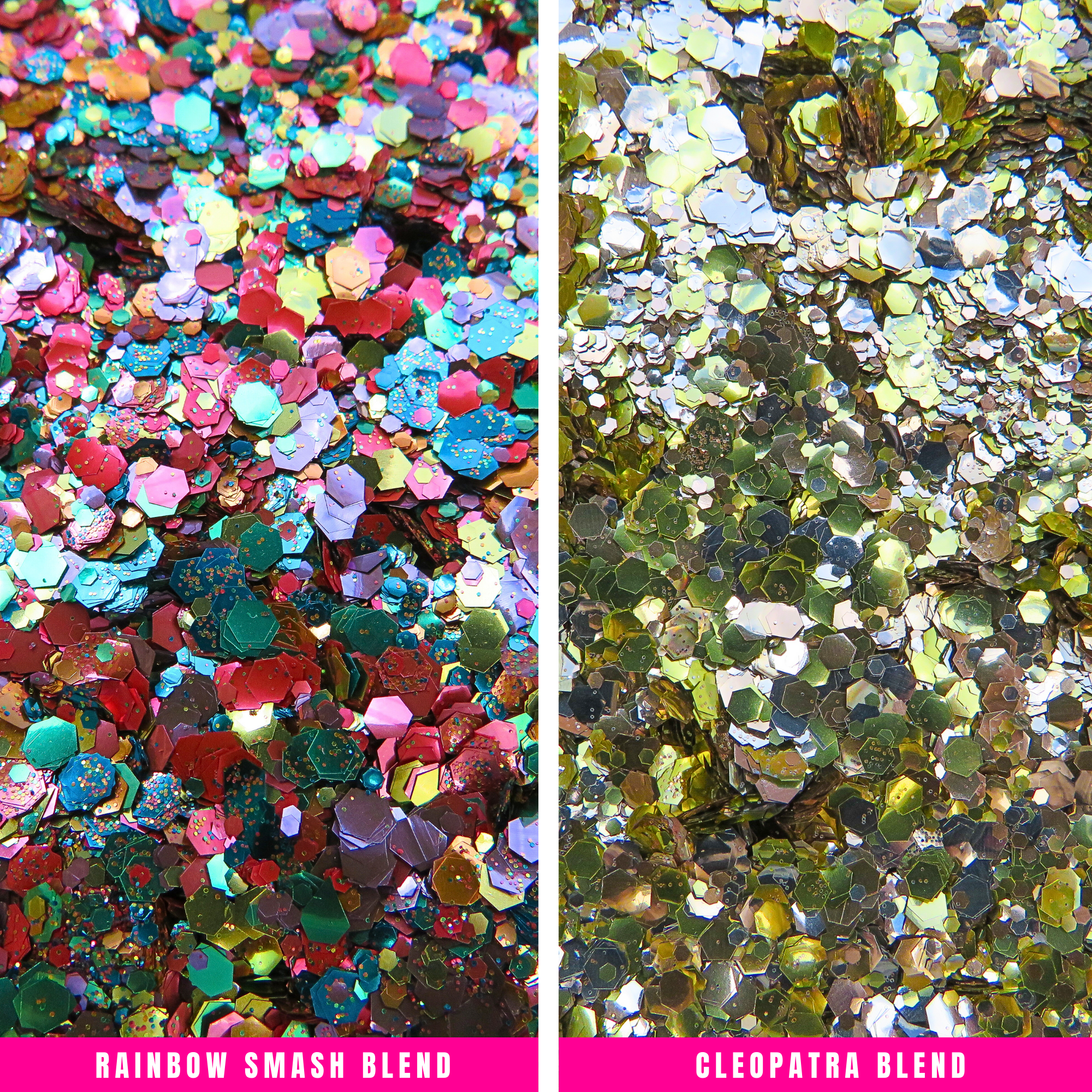 Rainbow smash and Cleopatra blends of biodegradable cosmetic glitter in the eco glitter gift set box by Luminosity Glitter.