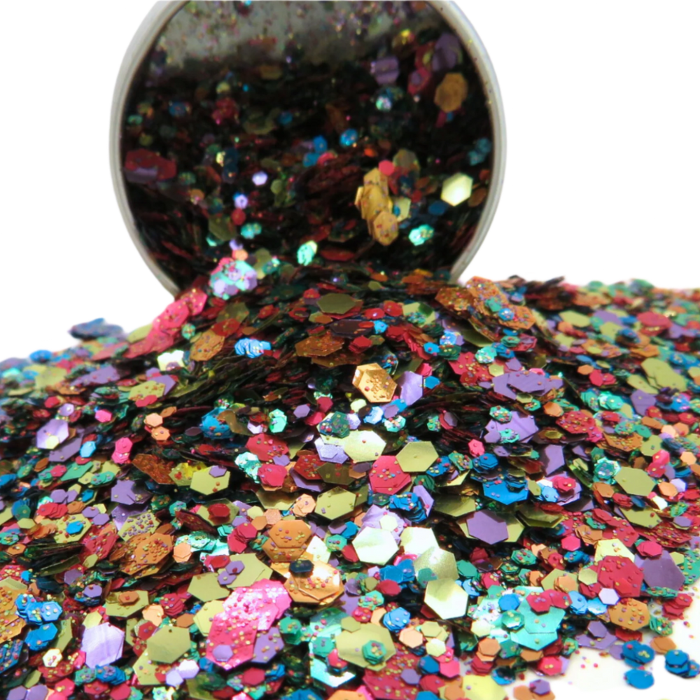 A rainbow blend of eco friendly glitter in a 6 gram aluminium pot.