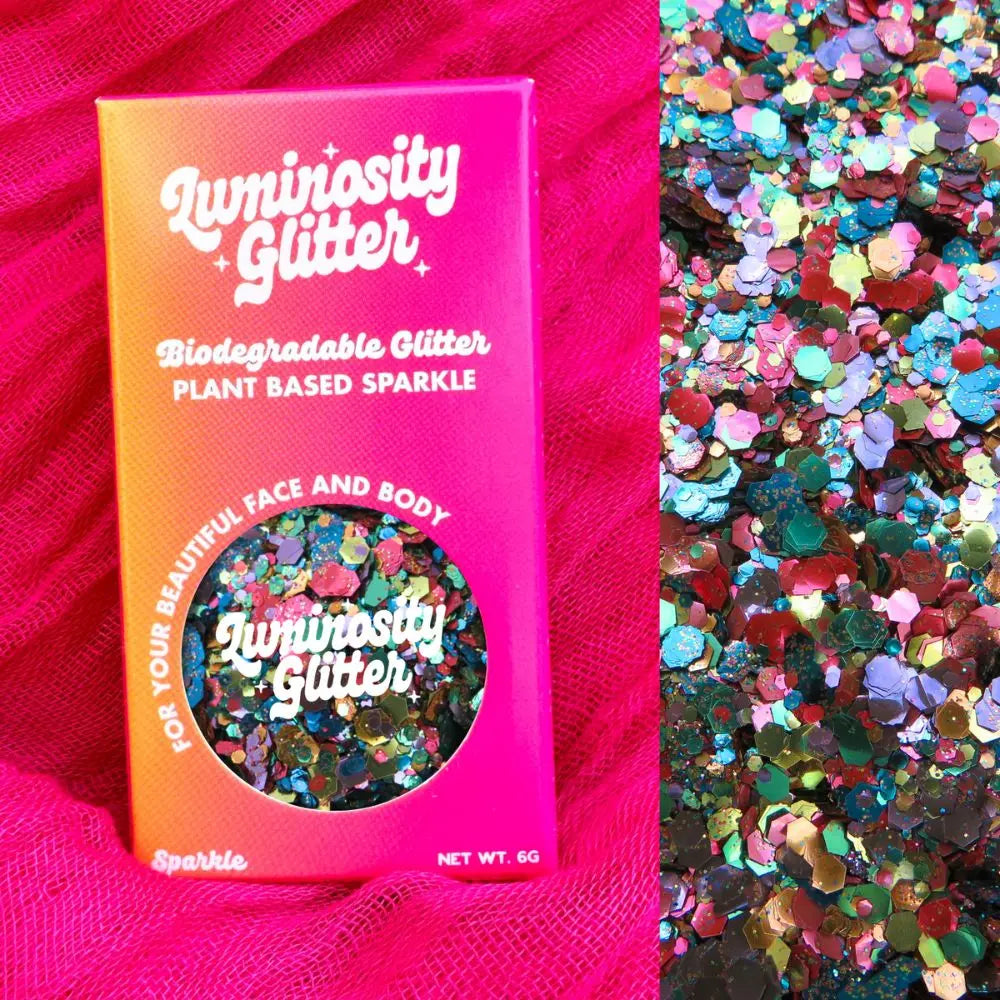 Rainbow Smash biodegradable glitter with vibrant multi-color shimmer, including red, blue, green, and purple, perfect for eco-friendly crafts and makeup.