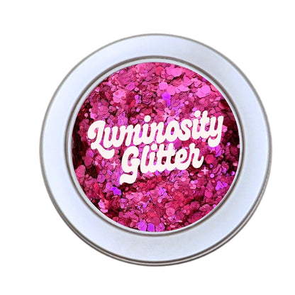 Raspberry hot pink eco glitter mix in a 30 gram aluminium window lid pot.