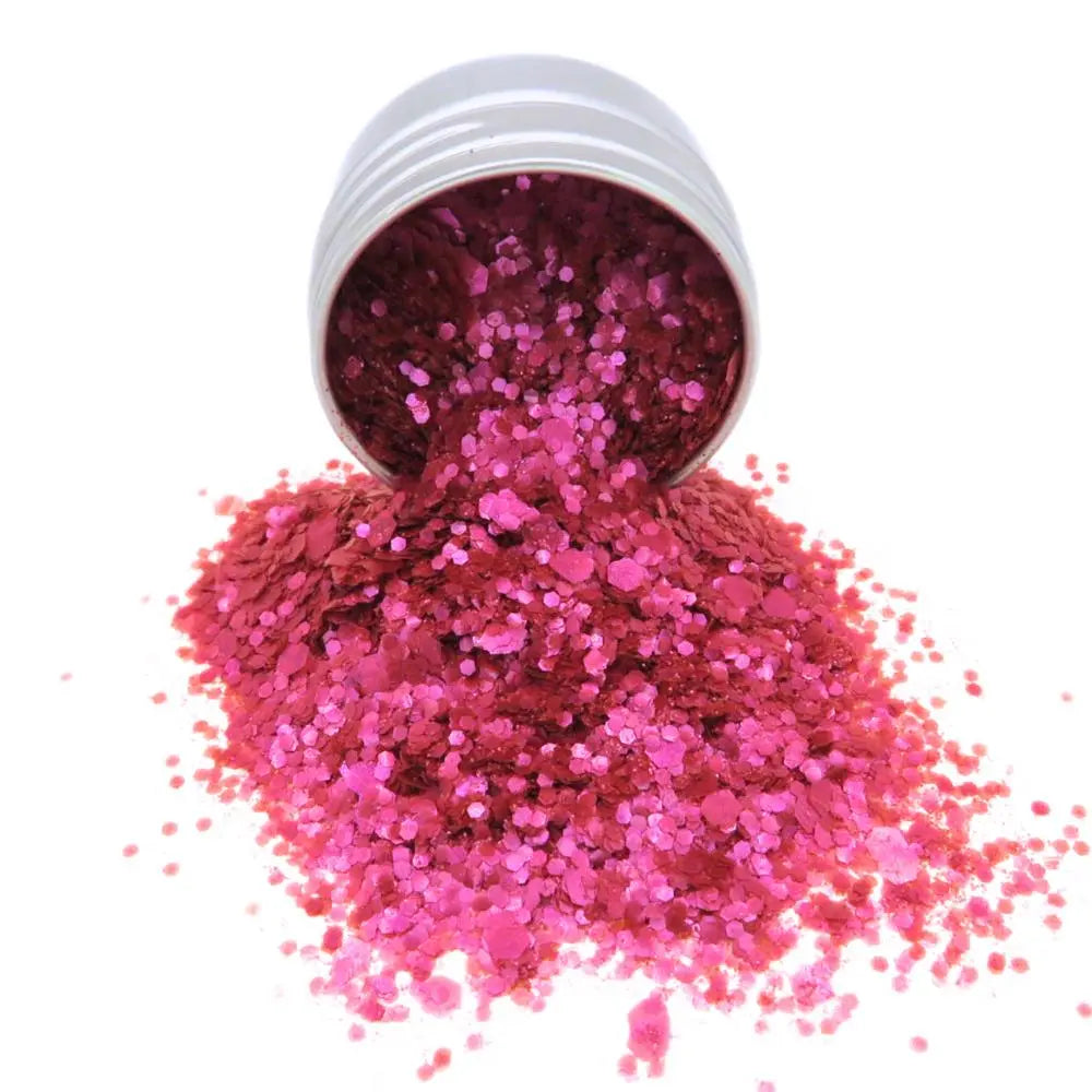 Raspberry sorbet bioglitter blend has been made with fine, chunky and super chunky shimmery pink glitter. Soft pearlescent shimmer.