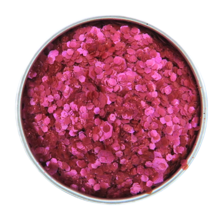 Raspberry blend of fine, chunky and super chunky vivid fuchsia coloured eco glitter.