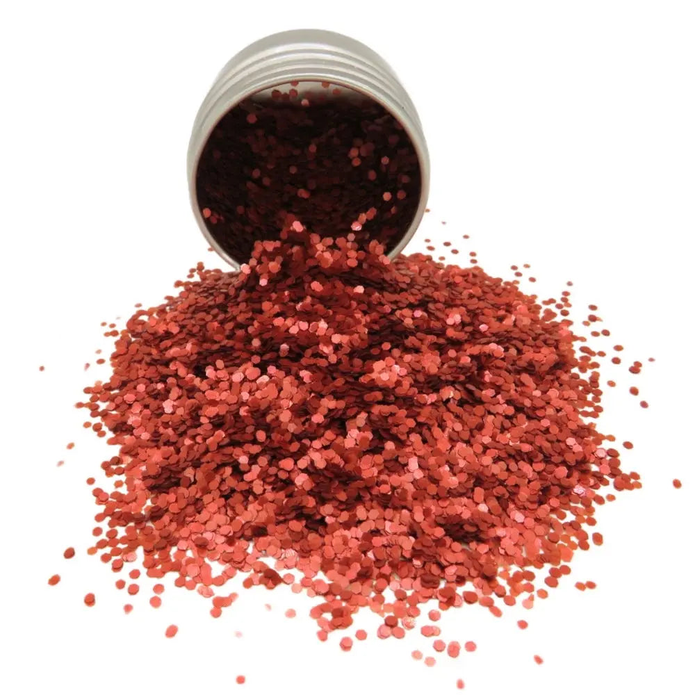 Chunky red bioglitter with a soft pearlescent shimmer.