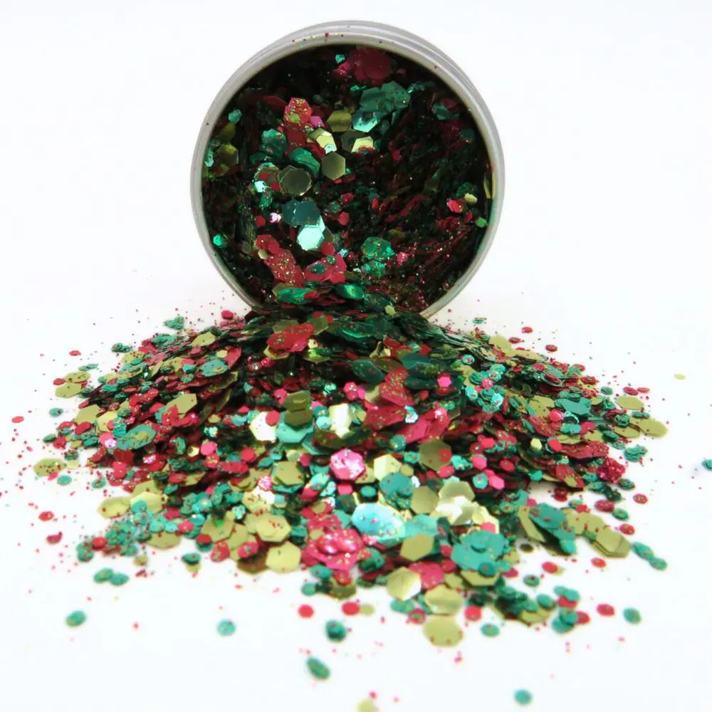 Close up of reggae river red gold and green biodegradable glitter mix for glitter face and body art.