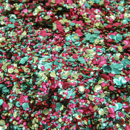 Reggae river blend of red, gold and green bioglitter in fine, chunky and super chunky sizing.