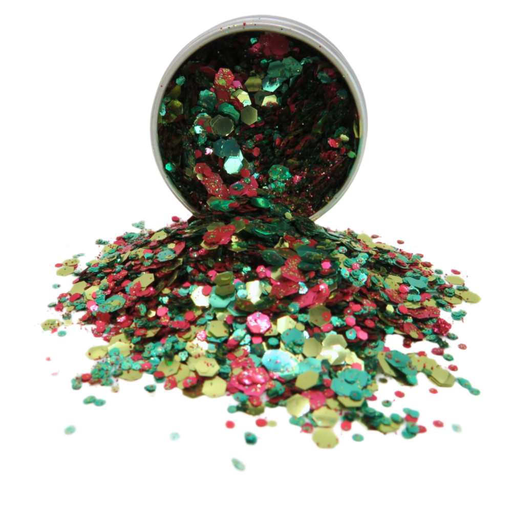 Reggae river festive blend of gold, green and red biodegradable glitter in multiple flake sizes.