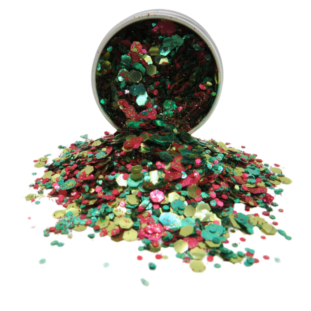 Reggae river festive blend of gold, green and red biodegradable glitter in multiple flake sizes.