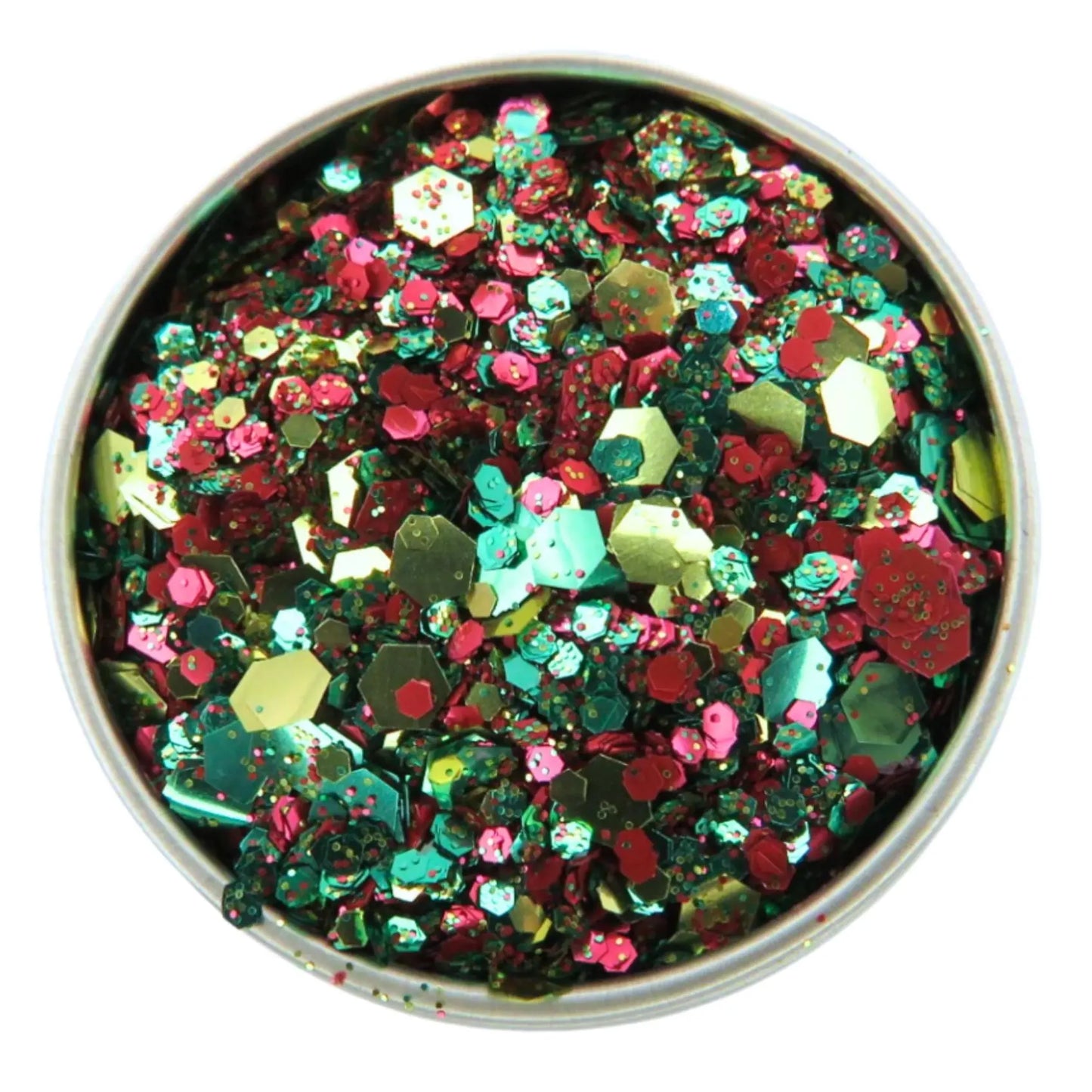 Reggae River is a cosmetic glitter blend of red, green and gold glitter in fine, chunky and super chunky sizing.