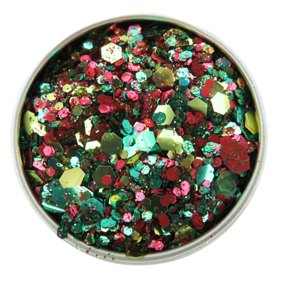 Reggae River is a cosmetic glitter blend of red, green and gold glitter in fine, chunky and super chunky sizing.