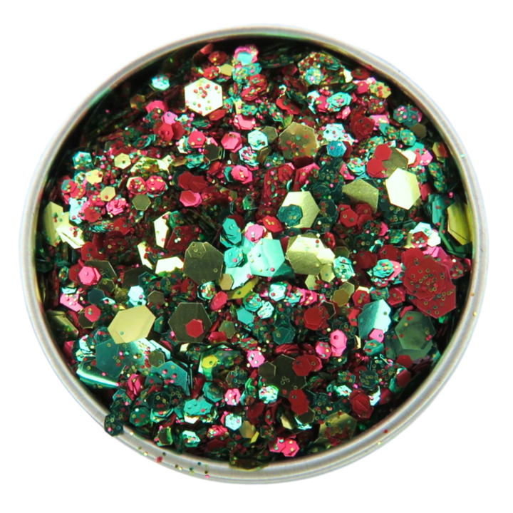 Reggae River is a cosmetic glitter blend of red, green and gold glitter in fine, chunky and super chunky sizing.