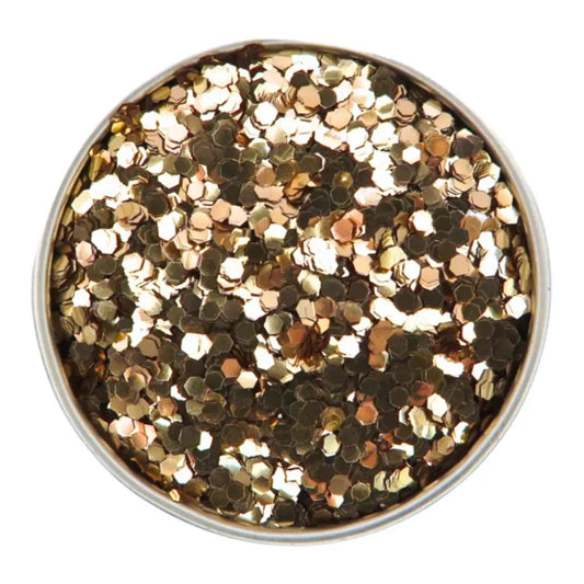 Rose gold chunky eco friendly cosmetic grade glitter in a round aluminium tin.