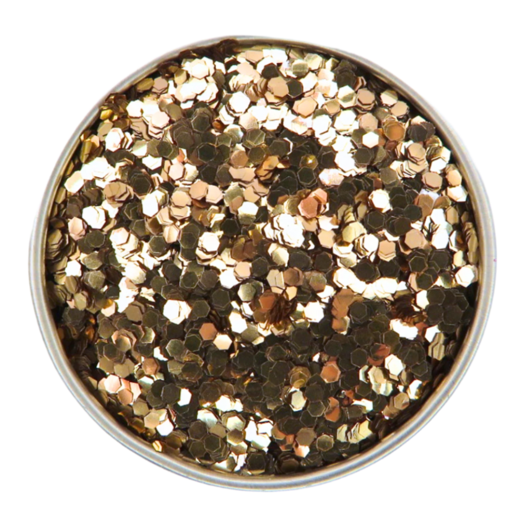 Rose gold chunky eco friendly cosmetic grade glitter in a round aluminium tin.